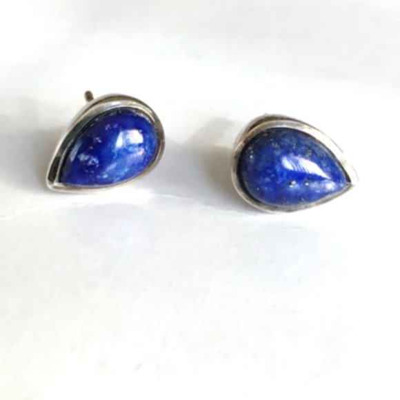 Genuine Lapis Lazuli .925 Stud Earrings Teardrop Pear-Shaped Sterling Silver - Picture 15 of 16